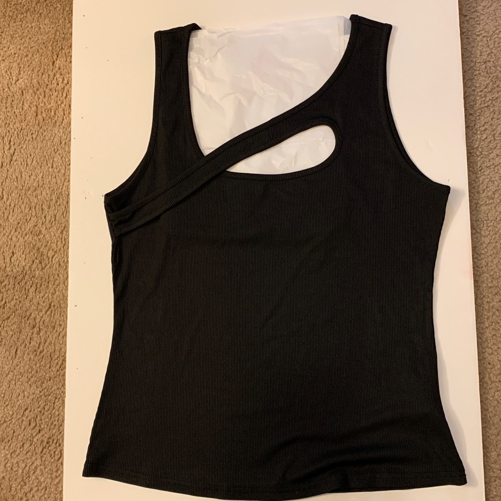 Black Ribbed Asymmetric Cutout Tank Top - Edgy Minimalist - XL